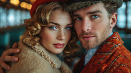 portrait of couple posing in retro roaring 1920s clothing 