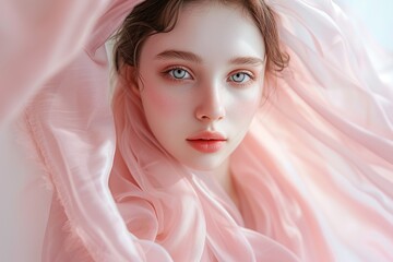 High Fashion Wedding Portrait of Woman with Blue Eyes Wearing Pink Threads