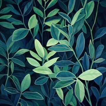 Green leaves and stems on a Navy Blue background © Celina