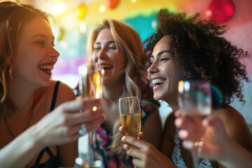Cheers to Friendship: Women Toasting with Champagne at a Colorful Party