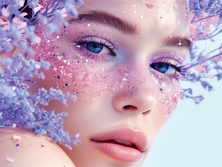 Extreme Close-Up Portrait of Woman with Pink and Blue Glitter Makeup
