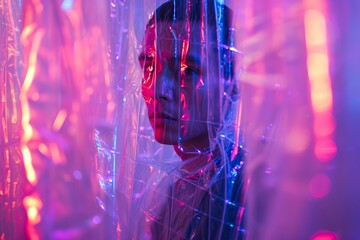 A man's suffocating embrace of magenta, violet, and purple plastic wrap embodies the light and dark of modern art and its ability to both protect and confine - obrazy, fototapety, plakaty