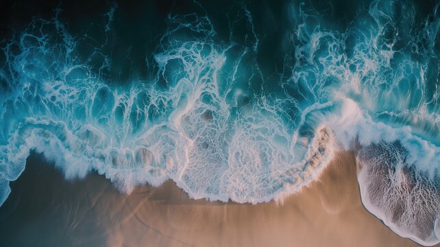 Top-down perspective of ocean waves crashing onto a sandy shore, encapsulating coastal beauty