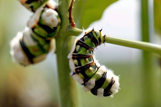 Dos orugas sujetas al tallo y a una rama de una planta