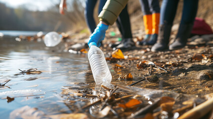Close-up of a volunteer's hand in a blue glove picking up a discarded plastic bottle from a river bank, with other volunteers and scattered leaves in the background - obrazy, fototapety, plakaty