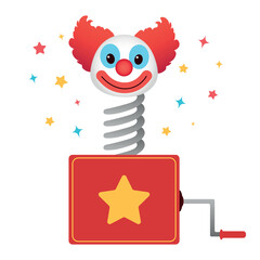 Punch box with clown head on white background. April Fools' Day prank