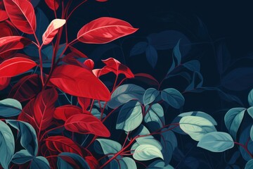 Green leaves and stems on a Red background