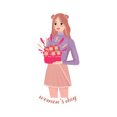 Beautiful drawn girl with flowers on white background. International Women's Day celebration