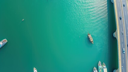 Top-down aerial view of boats on a turquoise waterway