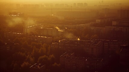 Golden sunset casting a warm glow over an urban landscape with haze