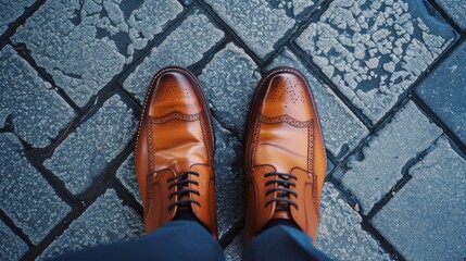 A pair of well-worn brown shoes step confidently onto the busy city street, connecting the person to the ground beneath them as they navigate the bustling outdoor world - obrazy, fototapety, plakaty