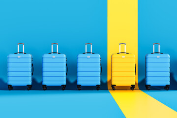 Travel luggage with one yellow spot marking the right place for your summer vacation. Summer travel, concept on blue background. 3D Rendering, 3D Illustration