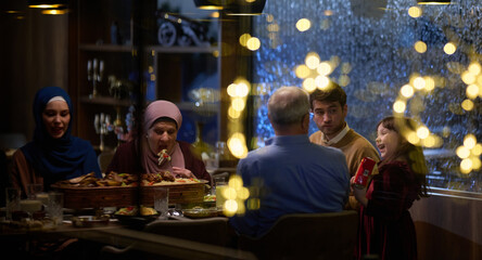 A modern and traditional European Islamic family comes together for iftar in a contemporary restaurant during the Ramadan fasting period, embodying cultural harmony and familial unity amidst a