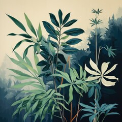 Fototapeta na wymiar Green leaves and stems on a Tan background