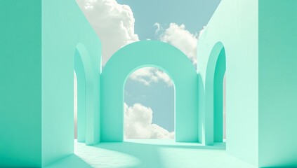 Fototapeta premium A serene and dreamy sky frames a vibrant blue archway, inviting us to explore a world of endless possibilities captured in this picturesque screenshot