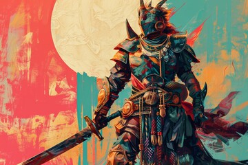 A warrior clad in armor, brandishing a sword with fierce determination, comes to life through a dynamic and captivating combination of painting, art, and anime-style drawing - obrazy, fototapety, plakaty