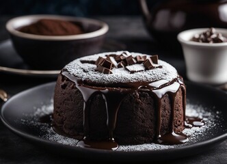 Chocolate bundt cake with icing sugar on a dark background.