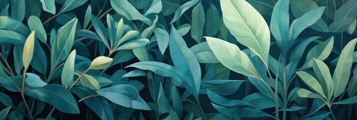 Green leaves and stems on a Turquoise background - obrazy, fototapety, plakaty