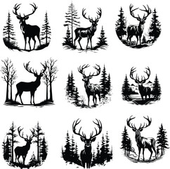 deer silhouette, logo, set vector illustration
