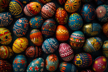 Fototapeta na wymiar background of painted Easter eggs seen from above. The colors are bright and vibrant, and there are patterns and designs on the eggs