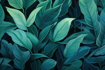 Green leaves and stems on a Turquoise background - obrazy, fototapety, plakaty