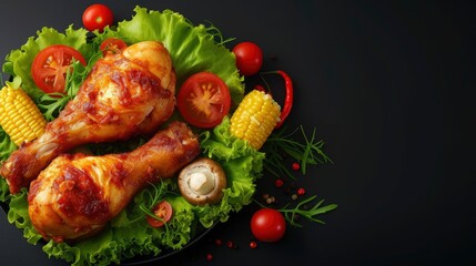 Fried chicken leg with tomato, chili, fried onion, lettuce, corn, and needle mushroom, realistic, HD, copy space - generative ai