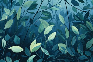 Green leaves and stems on an Emerald background - obrazy, fototapety, plakaty