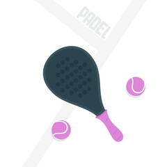 Padel racket with balls on court. Modern sport vector illustration. Close up of sports equipment on court with text.