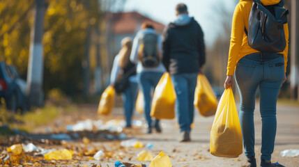 Group of volunteers with yellow bags clean up litter on a tree-lined street, bringing attention to community environmental care