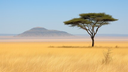 Acacia tree stands alone against a large dune backdrop under blue sky