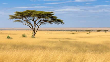 Acacia tree standing alone in a golden grassy savanna under blue sky