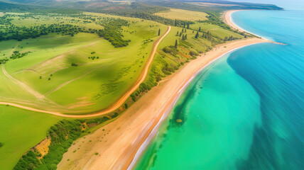 Vibrant aerial shot of coastline and snaking road - Powered by Adobe