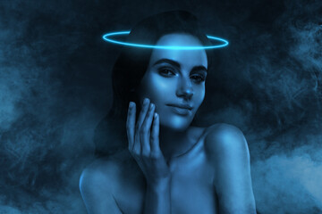 Composite collage image of cool female touch face dark night spa salon witch neon light clubbing...