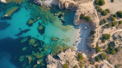 Fototapeta na wymiar Serene aerial shot of a tranquil coastal bay with crystal clear waters and boats