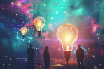 Startup idea, business concept, future, group of people, brainstorming. Illustration on a background of a futuristic future with glowing lamps