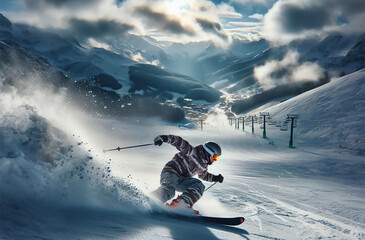  A skier rolls down a slope at high speed, surrounded by snow dust.