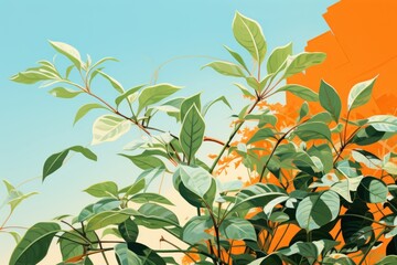 Fototapeta na wymiar Green leaves and stems on an Orange background