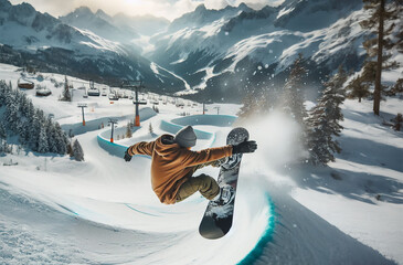 A snowboarder rolls down the slope at high speed and does a trick, surrounded by snow dust. - Powered by Adobe