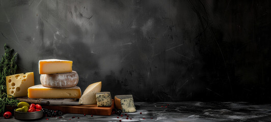 Different type of cheese selection on a blackboard with place for text