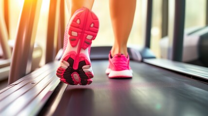 Close-up of female feet in pink sneakers on a treadmill
