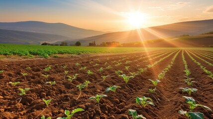 Warm sunset over plowed farmland with young crops growing in rows - obrazy, fototapety, plakaty