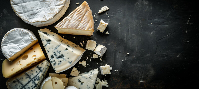Different type of cheese selection on a blackboard with place for text