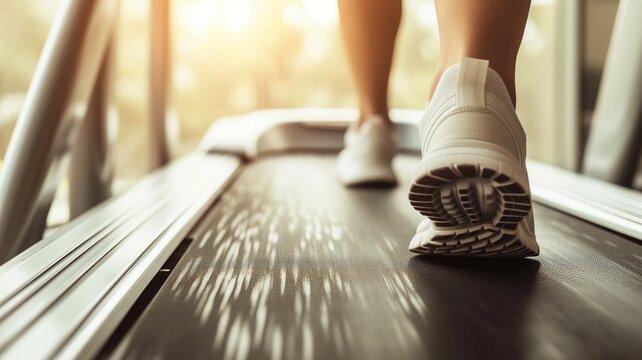 Focused shot of person's feet in motion on treadmill, gym setting