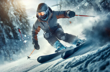 A skier rolls down a slope at high speed, surrounded by snow dust.