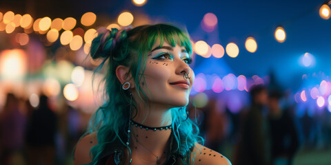 Crazy blue pink piurple green colored hair alternative girl with piercings smiling enjoy a music...