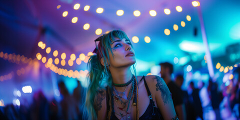 Crazy blue pink piurple green colored hair alternative girl with piercings smiling enjoy a music festival with ligths bokeh around
