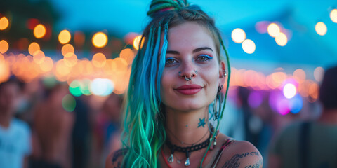 close shoot Crazy blue pink piurple green colored hair alternative girl with piercings smiling enjoy a music festival with ligths bokeh around