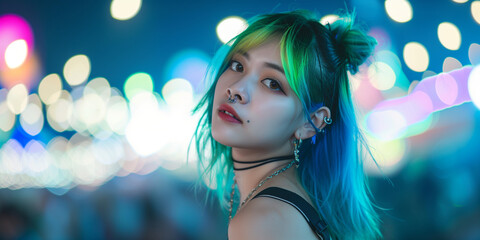 close portrait of a beautiful young Crazy blue pink piurple green colored hair alternative asian...