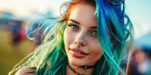 close portrait of a beautiful young Crazy blue pink piurple green colored hair alternative girl...