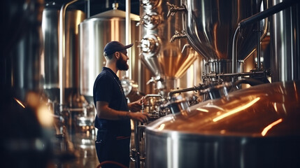 Fototapeta na wymiar Bearded brewery master holding glass of beer and evaluating its visual characteristics. Small family business, production of craft beer.
